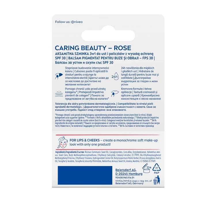 NIVEA CARING BEAUTY LIPPEN- UND WANGENSTIFT 3IN1 3W1 ROSE 4,8G