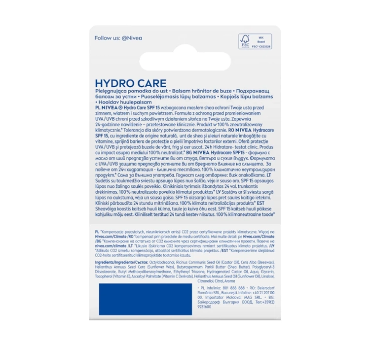 NIVEA HYDRO CARE PFLEGENDER LIPPENSTIFT SPF15 5,5ML