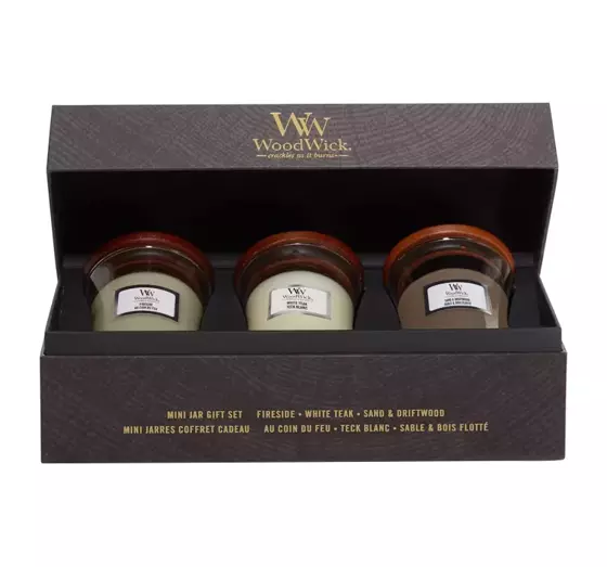 WOODWICK GESCHENKSET DUFTKERZEN FIRESIDE + WHITE TEAK + SAND & DRIFTWOOD 3x85G