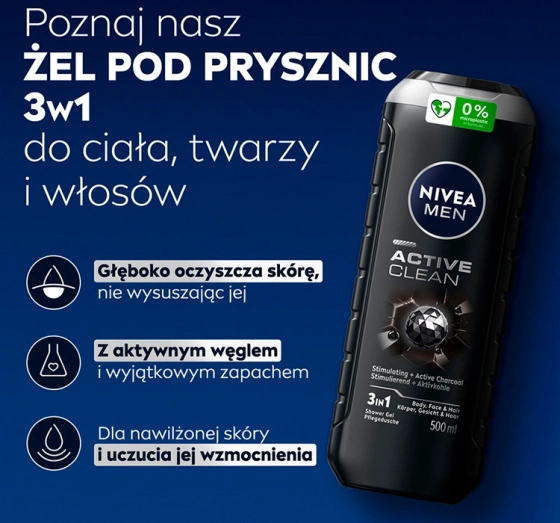 Kliknij na zdjęcie, aby je powiększyć NIVEA MEN Active Clean Duschgel für Männer 500 ml