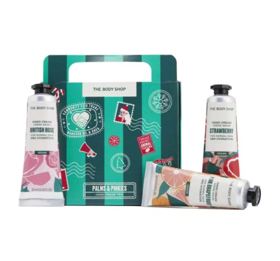 Kliknij na zdjęcie, aby je powiększyć THE BODY SHOP PALMS&PINKIES GESCHENKSET HANDCREMES 3X30ML