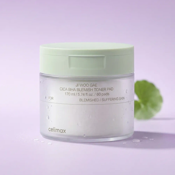 Celimax Ji Woo Gae Cica Bha Blemish Toner Pad – Gesichts-Tonisierungspads mit asiatischem Wassernabel, 60 Stück