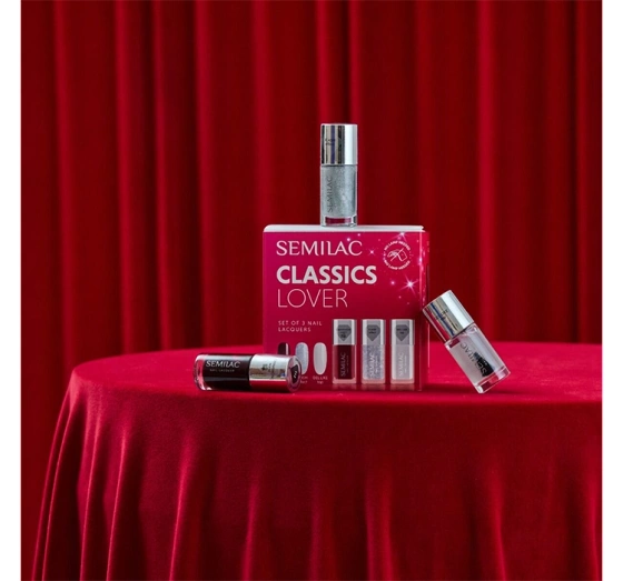 Kliknij na zdjęcie, aby je powiększyć Semilac Classics Lover Set Klassische Nagellacke 112 Wine Red 9 ml + 116 Holo Flash 9 ml + Top Gel Like 9 ml