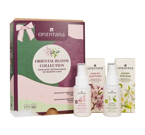 Kliknij na zdjęcie, aby je powiększyć Orientana Oriental Bloom Collection Set aus duftenden Haar- und Körpersprays Indischer Jasmin 50 ml + Japanische Sakura 50 ml