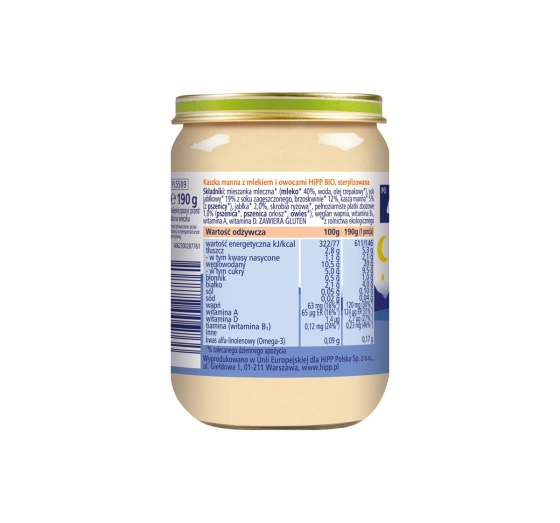 Kliknij na zdjęcie, aby je powiększyć HiPP Bio Gläschen-Dessert nach dem 4. Monat Grießbrei mit Milch und Früchten 190 g