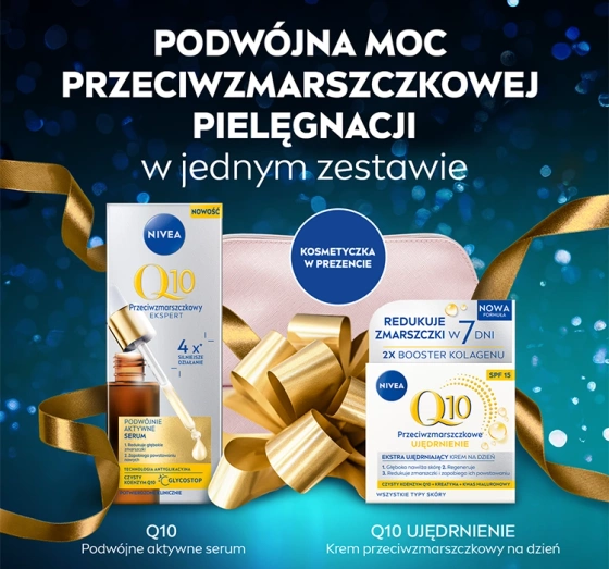 Kliknij na zdjęcie, aby je powiększyć NIVEA Q10 Elegance Geschenkset mit Gesichtspflege-Kosmetik und Kosmetiktasche