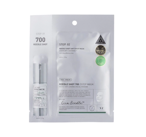 Kliknij na zdjęcie, aby je powiększyć VT Cosmetics Cica x Hyalon Reedle Shot 700 Straffende Behandlung mit Mikronadel-Technologie 1,5 g + maska w płachcie 25 g