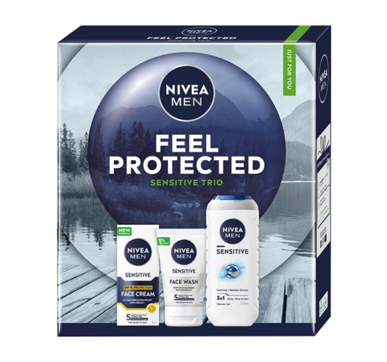 Kliknij na zdjęcie, aby je powiększyć NIVEA MEN Feel Protected Sensitive Trio Geschenkset für Männer Duschgel + Gesichtswaschgel + Gesichtscreme SPF15