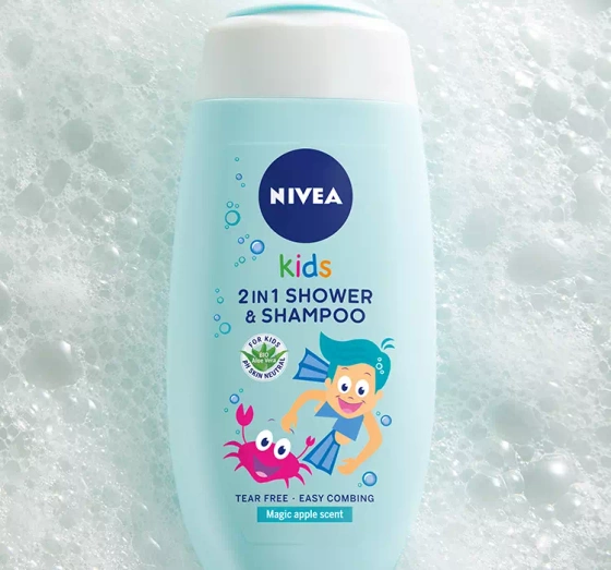 Kliknij na zdjęcie, aby je powiększyć NIVEA KIDS 2 IN 1 SHOWER & SZAMPOO DUSCHGEL UND SHAMPOO MAGIC APPLE SCENT 500ML
