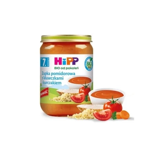 Kliknij na zdjęcie, aby je powiększyć HiPP Bio Menü im Gläschen nach dem 7. Monat – Tomatensuppe mit Nudeln und Hähnchen 190g