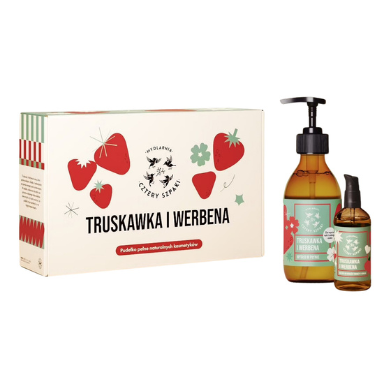 Kliknij na zdjęcie, aby je powiększyć Mydlarnia Cztery Szpaki Geschenkset mit Naturkosmetik Erdbeere und Verbene Flüssigseife 300 ml + Massageöl 100 ml
