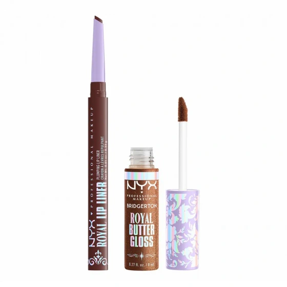 Kliknij na zdjęcie, aby je powiększyć NYX Professional Makeup Bridgerton Royal Treasures Lip Kit 06 Lippen-Make-up-Set Royal Butter Gloss Pout and About 8 ml + Royal Lip Liner Toffee Temptation 0,33 g