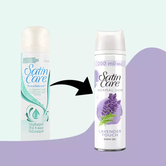Kliknij na zdjęcie, aby je powiększyć GILLETTE SATIN CARE LAVENDER TOUCH RASIERGEL FÜR NORMALE HAUT 200ML