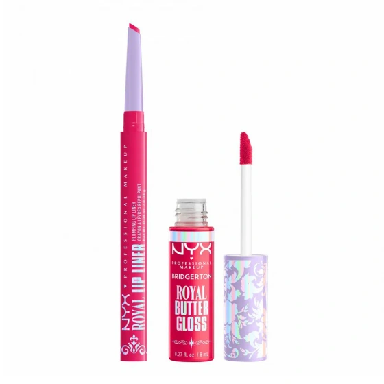 NYX Professional Makeup Bridgerton Royal Treasures Lip Kit 03 Lippen-Make-up-Set Royal Butter Gloss Summer Fruit 8 ml + Royal Lip Liner Rumour Has It 0,33 g