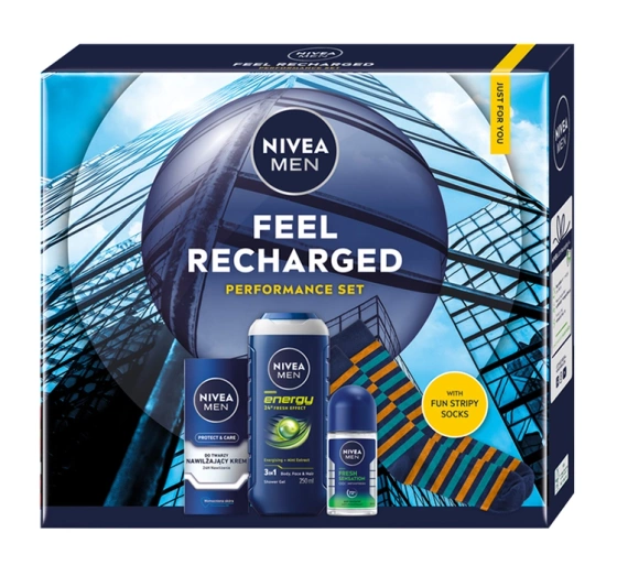 NIVEA MEN Feel Recharged Performance Set Geschenkset für Männer Duschgel 250 ml + Gesichtscreme 75 ml + Antitranspirant Roll-on 50 ml + Socken