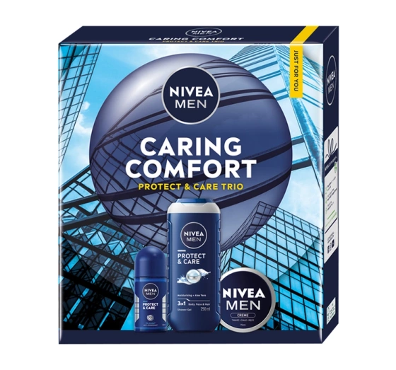 Kliknij na zdjęcie, aby je powiększyć NIVEA MEN Caring Comfort Protect & Care Trio Geschenkset für Männer Duschgel + Antitranspirant Roll-on + Creme für Körper, Gesicht und Hände