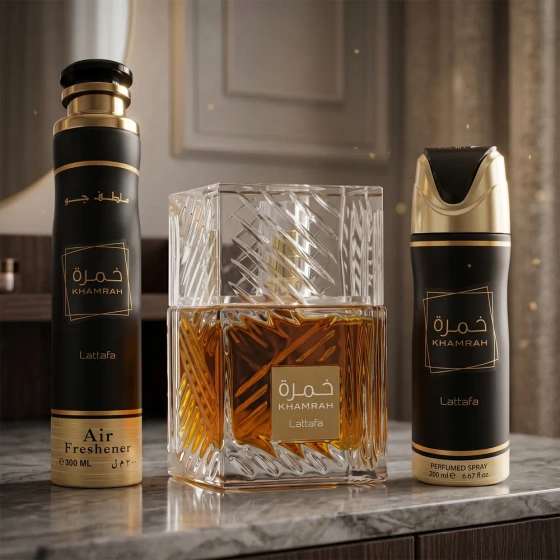 Lattafa Khamrah Eau de Parfum Spray 100 ml + Deospray 200 ml + Raumduft Spray 300 ml