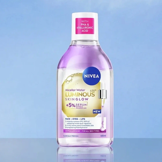 NIVEA Luminous630 Skin Glow Mizellenwasser mit 5 % Serum PHA und Hyaluronsäure 400 ml