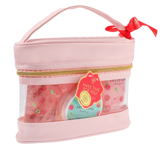 Aurora Fruit Love Raspberry Geschenkset: Duschgel 200 ml + Körperlotion 50 ml + Badeschaum 200 ml + Schwamm –
