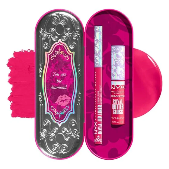NYX Professional Makeup Bridgerton Royal Treasures Lip Kit 03 Lippen-Make-up-Set Royal Butter Gloss Summer Fruit 8 ml + Royal Lip Liner Rumour Has It 0,33 g