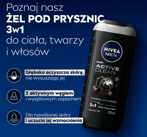 NIVEA MEN Active Clean 3-in-1-Duschgel für Gesicht, Körper und Haare, 250 ml