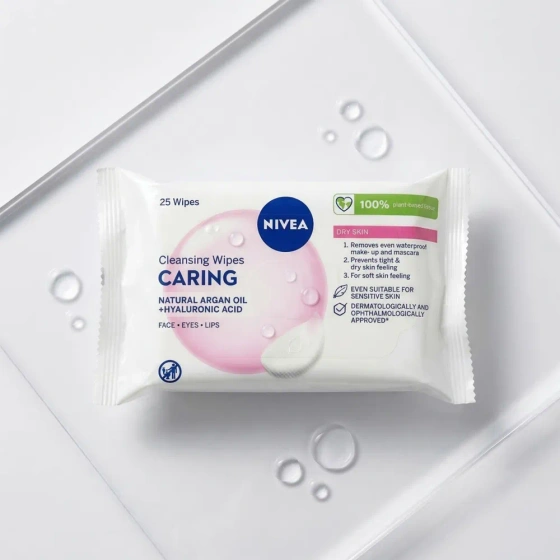 NIVEA Cleansing Wipes Caring Feuchte Abschminktücher für trockene Haut 25 Stück