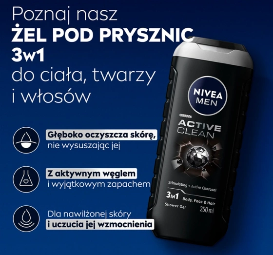 Kliknij na zdjęcie, aby je powiększyć NIVEA MEN Active Clean 3-in-1-Duschgel für Gesicht, Körper und Haare, 250 ml