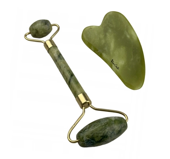 DENI CARTE SET ZUR GESICHTSMASSAGE MASSAGEGERÄT + GUA SHA STEIN AUS GRÜNER JADE