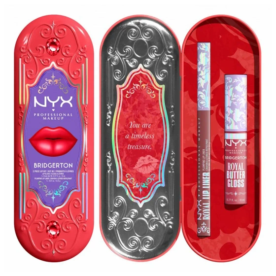 Kliknij na zdjęcie, aby je powiększyć NYX Professional Makeup Bridgerton Royal Treasures Lip Kit 01 Lippen-Make-up-Set Royal Butter Gloss Peony Passion 8 ml + Royal Lip Liner Cupid's Secret 0,33 g