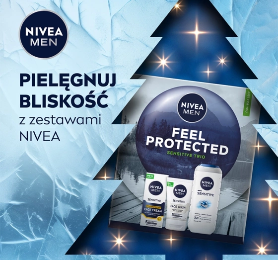Kliknij na zdjęcie, aby je powiększyć NIVEA MEN Feel Protected Sensitive Trio Geschenkset für Männer Duschgel + Gesichtswaschgel + Gesichtscreme SPF15