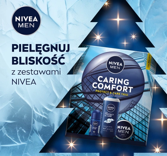 Kliknij na zdjęcie, aby je powiększyć NIVEA MEN Caring Comfort Protect & Care Trio Geschenkset für Männer Duschgel + Antitranspirant Roll-on + Creme für Körper, Gesicht und Hände