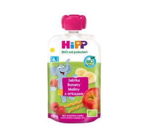 HiPP Bio Fruchtpüree im Quetschbeutel nach dem 6. Monat Äpfel Bananen Himbeeren mit Dinkel 100 g