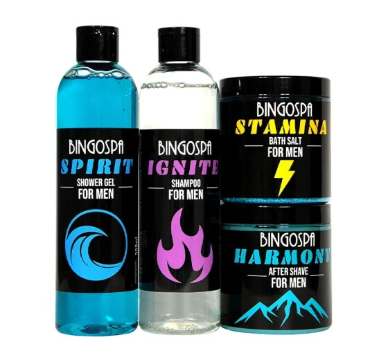 BINGOSPA Pflege-Set für Männer: Duschgel 300 ml + Haarshampoo 300 ml + After-Shave-Balsam 250 g + Badesalz 300 g