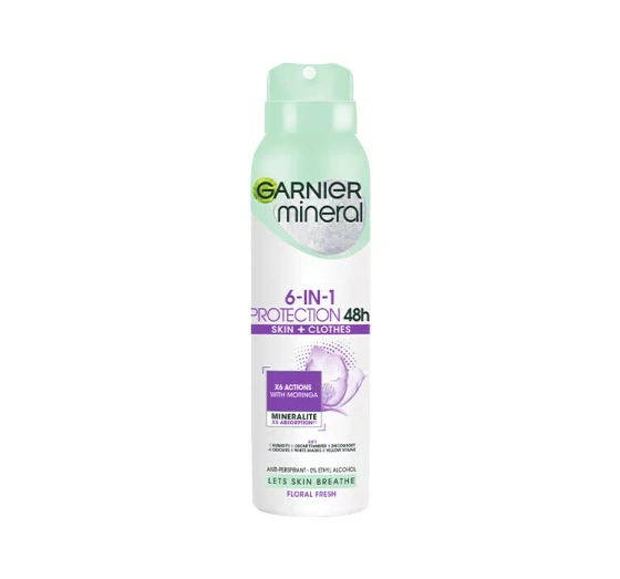 Kliknij na zdjęcie, aby je powiększyć GARNIER MINERAL 6 IN 1 PROTECTION 48H ANTITRANSPIRANT SPRAY FÜR FRAUEN 150ML