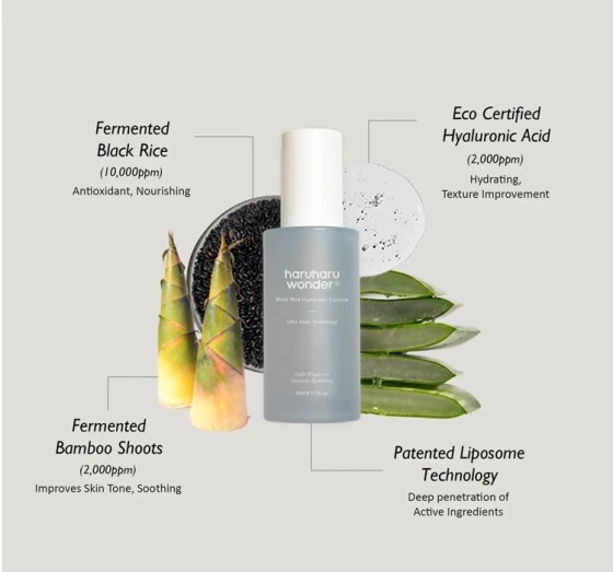 Kliknij na zdjęcie, aby je powiększyć Haruharu Wonder Black Rice Hyaluronic Essence Feuchtigkeitsspendende Gesichts-Essenz 50 ml