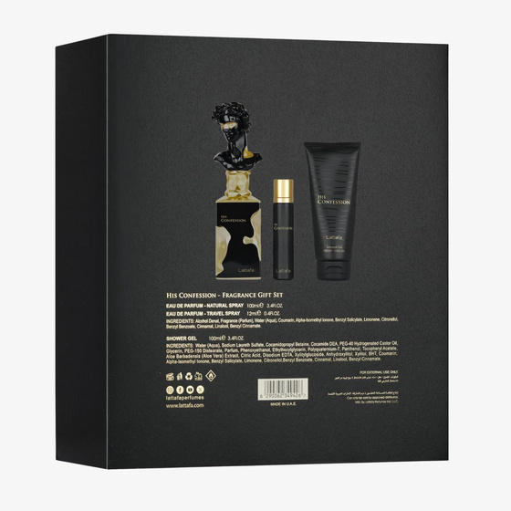Lattafa „His Confession“ Eau de Parfum Spray 100 ml + 12 ml + Duschgel 100 ml