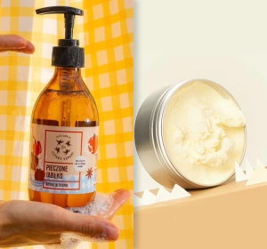 Mydlarnia Cztery Szpaki Geschenkset mit Naturkosmetik Apfel mit Zimt Flüssigseife Gebackener Apfel 300 ml + Körpermousse Zimt mit Vanille 150 ml