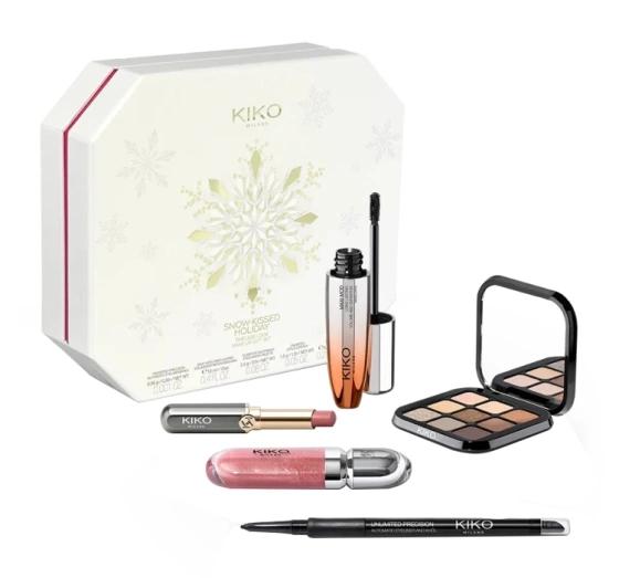 KIKO Milano Snow-Kissed Holiday Timeless Look Geschenkset für Make-up Eyeliner 0,35 g + Mascara 12 ml + Lidschattenpalette 2,5 g + Lippenstift 1,5 g + Lipgloss 6,5 ml