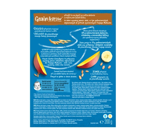 Gerber Grain & Grow Milch-Getreidebrei aus Hafer und Weizen für Säuglinge nach dem 8. Monat Banane & Mango 200g
