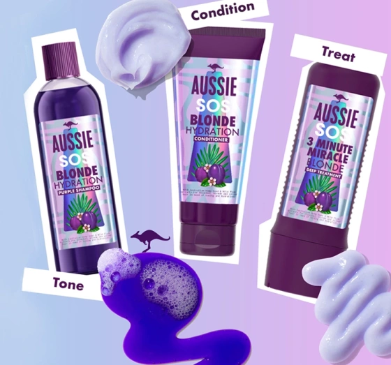 Aussie SOS Blonde Hydration – violettes Tönungsshampoo für blondes Haar, 490 ml