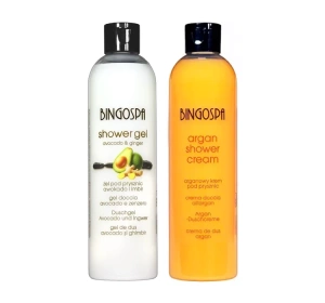 BINGOSPA Set: Duschgel mit Avocado und Ingwer 300 ml + Argan-Duschcreme mit Pfirsich 300 ml