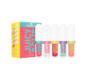 Essence Juicy Bomb Geschenkset mit Lippenölen 01 Coconut Crush 2,4 ml + 02 Strawberry Star 2,4 ml + 03 Mandarin Miracle 2,4 ml + 04 Mint Magic 2,4 ml + 05 Cherry Cheer 2,4 ml