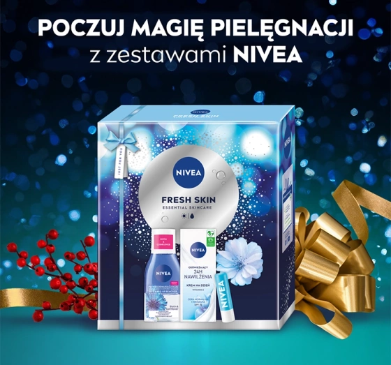 Kliknij na zdjęcie, aby je powiększyć NIVEA Fresh Skin Geschenkset zur Gesichtspflege Make-up-Entferner + Tagescreme SPF15 + Lippenpflege SPF15