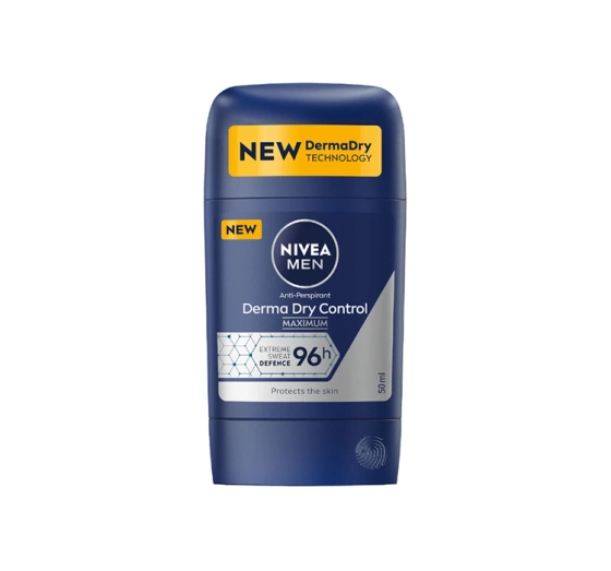 Kliknij na zdjęcie, aby je powiększyć NIVEA MEN DERMA DRY CONTROL MAXIMUM ANTITRANSPIRANT IM STIFT FÜR MÄNNER 50ML