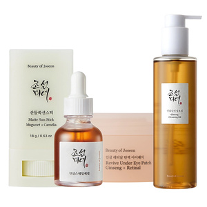 Beauty of Joseon Set: Revive Ginseng+Snail Mucin Serum 30 ml + SPF50+ Mugwort+Camelia Sonnenschutzstift 18 g + Ginseng-Öl 210 ml + Ginseng+Retinal Augenpads 60 Stück