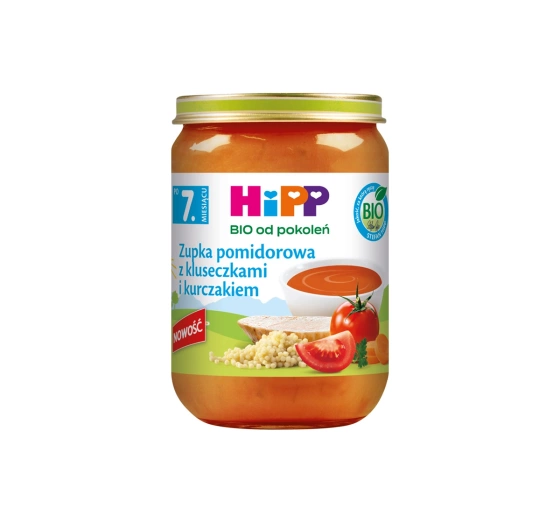Kliknij na zdjęcie, aby je powiększyć HiPP Bio Menü im Gläschen nach dem 7. Monat – Tomatensuppe mit Nudeln und Hähnchen 190g