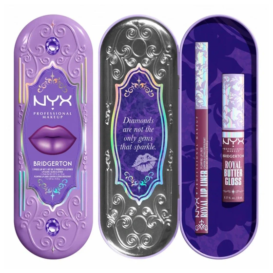 Kliknij na zdjęcie, aby je powiększyć NYX Professional Makeup Bridgerton Royal Treasures Lip Kit 02 Lippen-Make-up-Set Royal Butter Gloss Amethyst Amour 8 ml + Royal Lip Liner Talk of the Ton 0,33 g