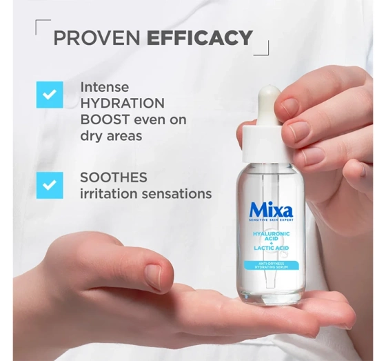 Kliknij na zdjęcie, aby je powiększyć MIXA FEUCHTIGKEITSSERUM GEGEN HAUTAUSTROCKNUNG HYALURONSÄURE + MILCHSÄURE 30ML