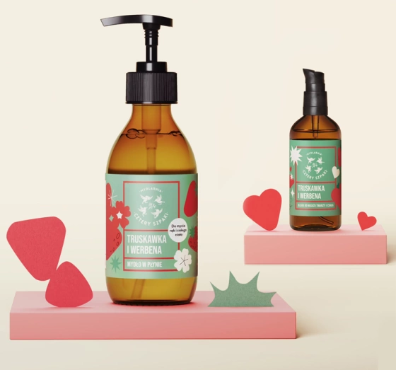 Mydlarnia Cztery Szpaki Geschenkset mit Naturkosmetik Erdbeere und Verbene Flüssigseife 500 ml + Massageöl 100 ml