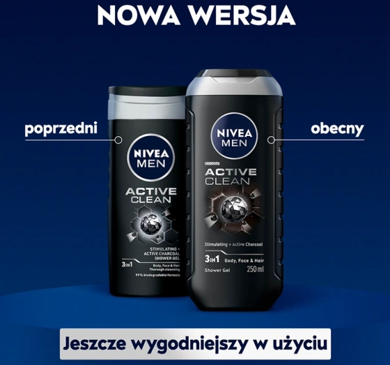 Kliknij na zdjęcie, aby je powiększyć NIVEA MEN Active Clean 3-in-1-Duschgel für Gesicht, Körper und Haare, 250 ml